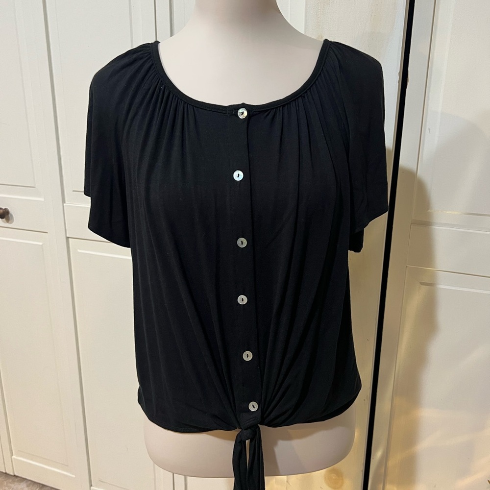 Kim & Cami Black Button-Down Top with Tie Front